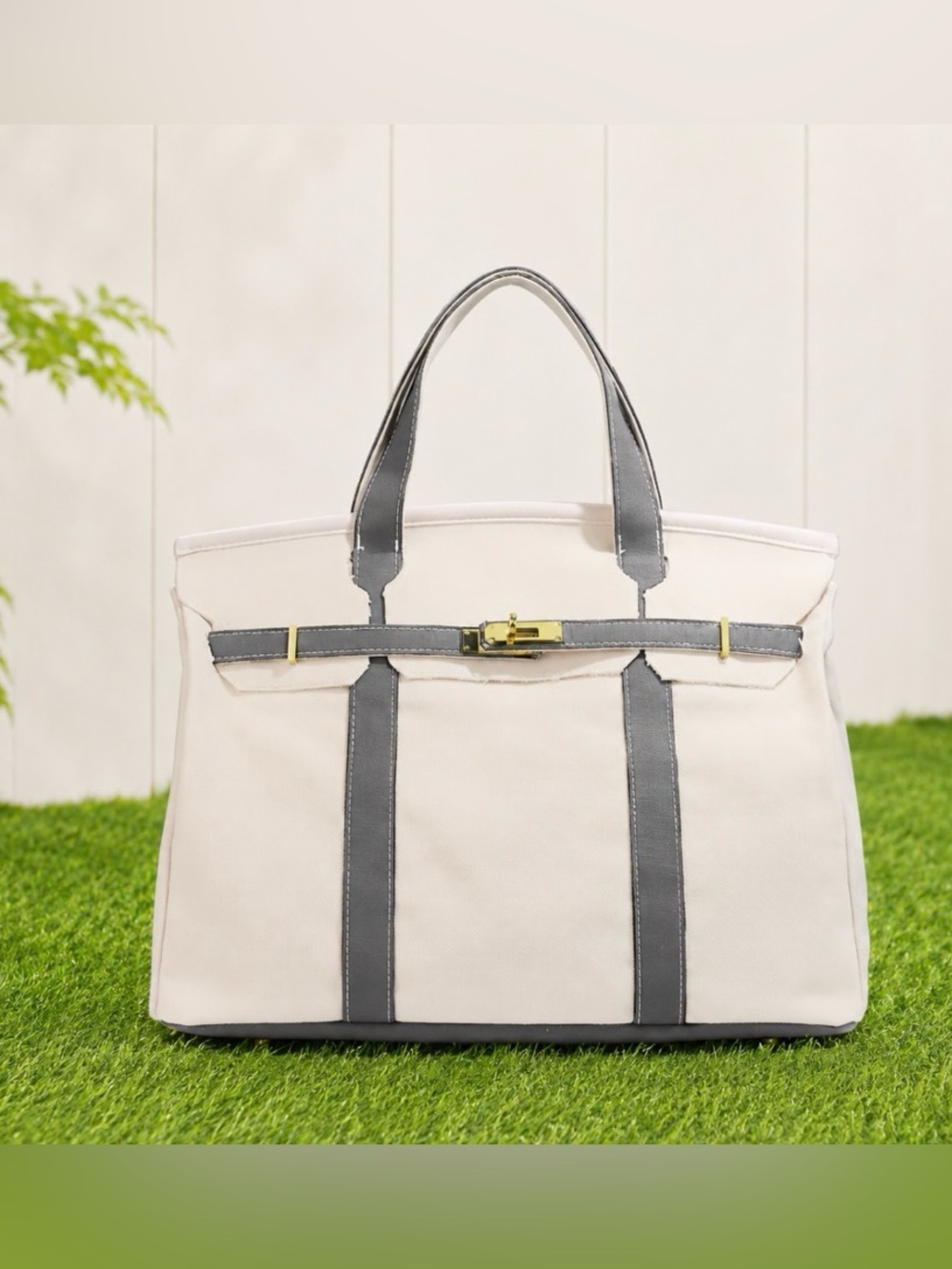 White Canvas Tote with Grey Trim